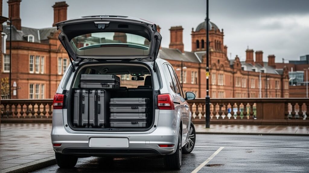 Durham Station to Cathedral: Bus vs. Taxi Guide 2 A silver private hire taxi with the boot open at Durham Station, loaded with multiple suitcases, demonstrating large luggage capacity.