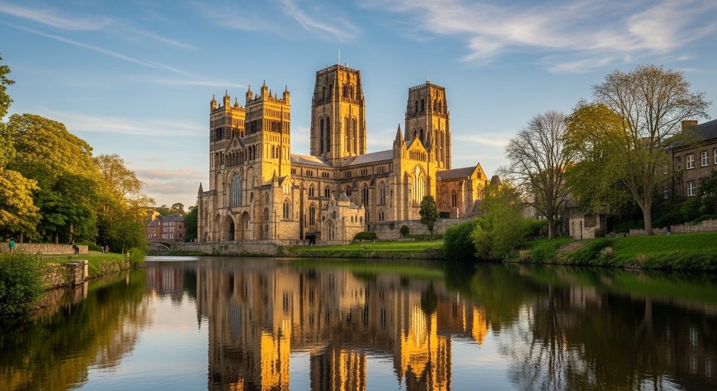 Photorealistic view of the majestic Durham Cathedral at sunset, seen from across the River Wear, highlighting its grand Norman architecture.
