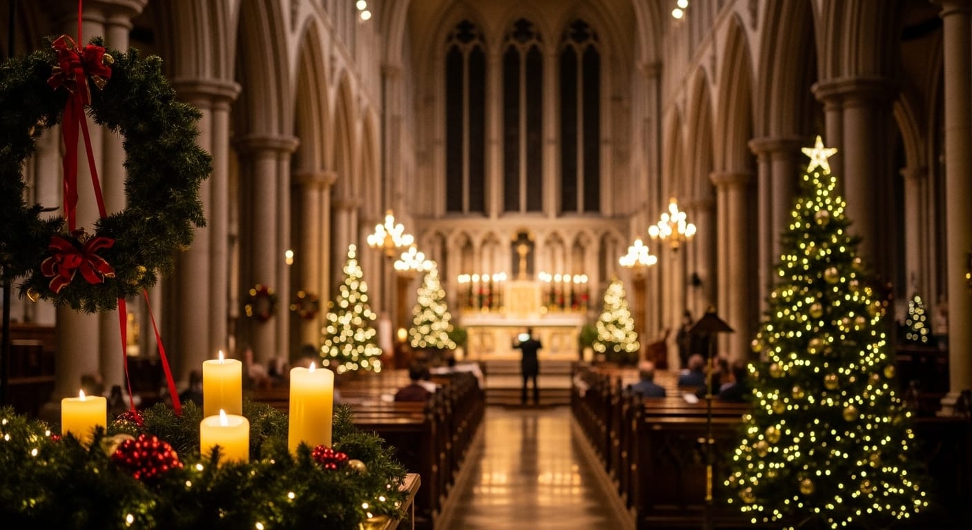 A magical, photorealistic scene of Durham Cathedral decorated for a Christmas service, filled with warm light.