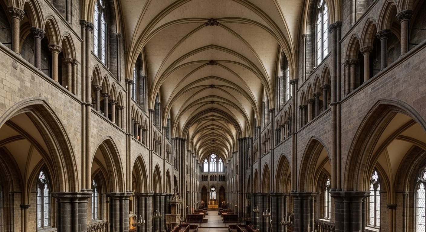 Stunning photorealistic interior of Durham Cathedral's Nave, showing the grand scale of its Norman pillars and vaulted ceiling.