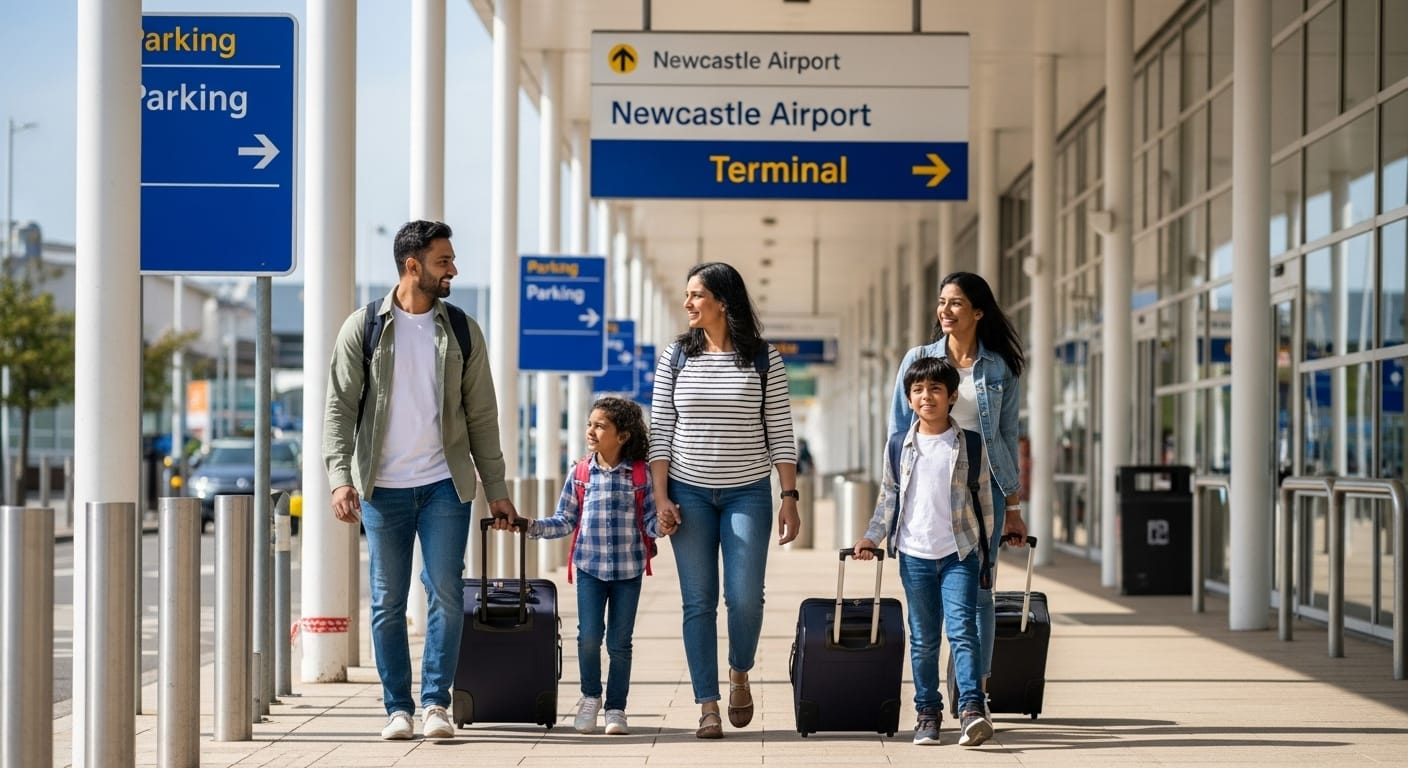 Newcastle Airport Parking Prices 2026: Skip the Hassle, Take a Cab 5 Family with luggage walking from Newcastle Airport parking area