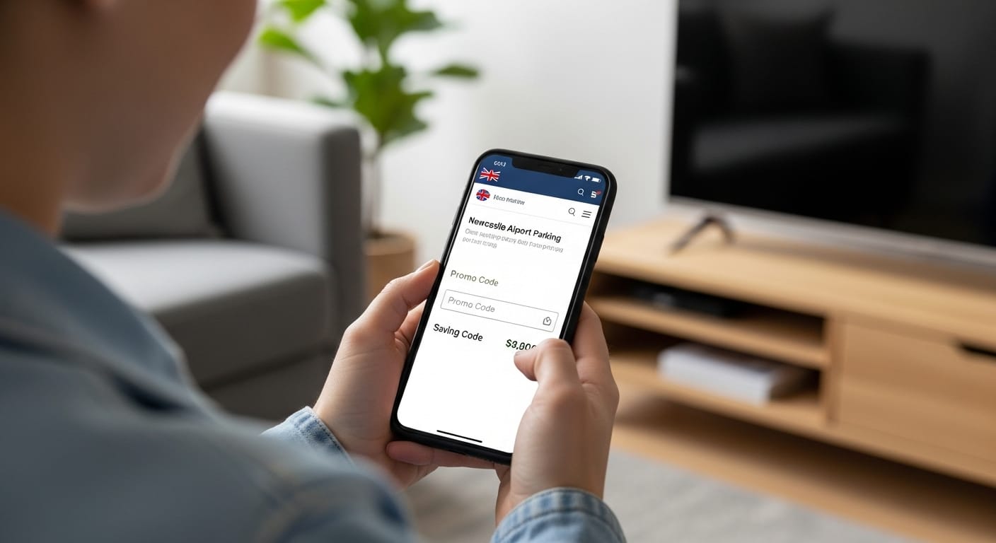 Newcastle Airport Parking Prices 2026: Skip the Hassle, Take a Cab 3 Person using smartphone to enter discount code for Newcastle Airport parking on official booking website