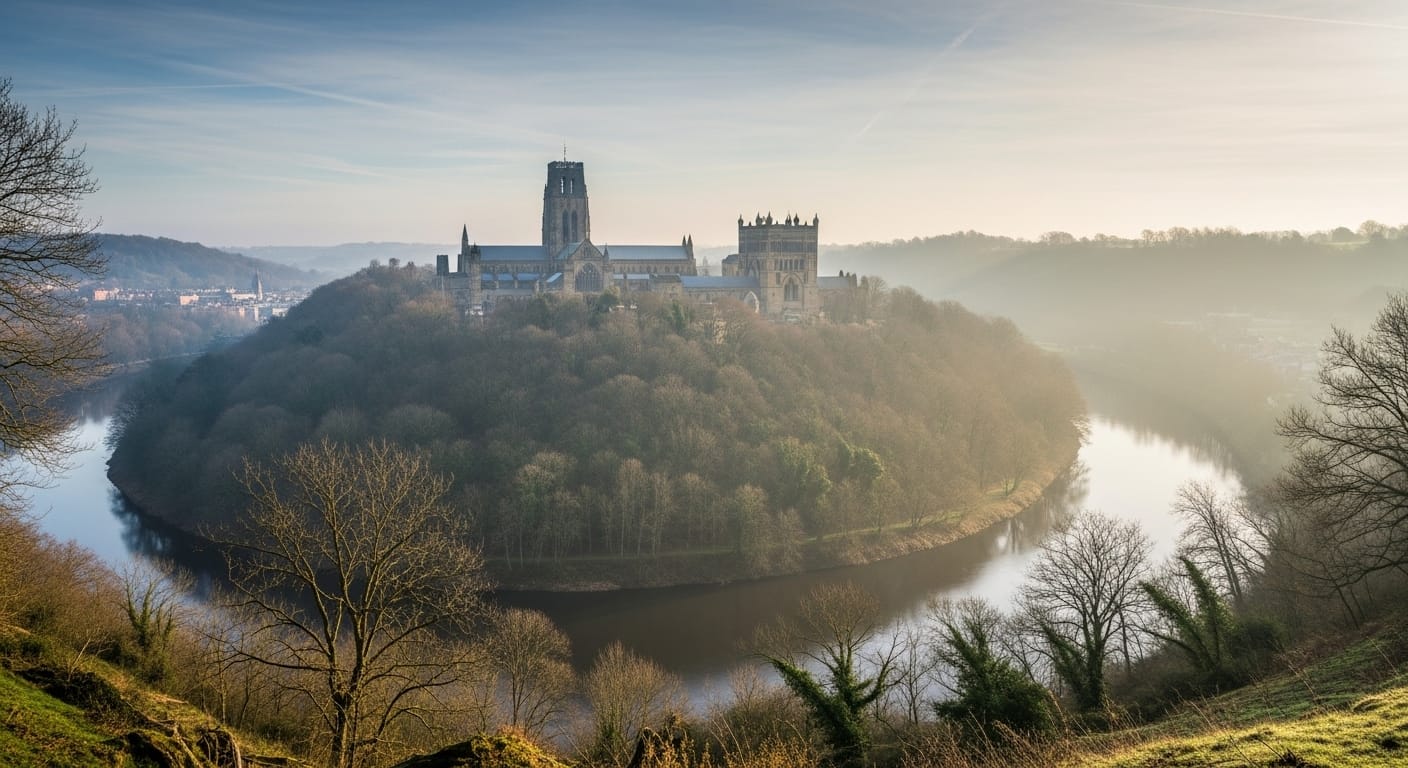 A photorealistic, atmospheric view of the River Wear and the Durham peninsula, evoking its ancient, natural setting before the Cathedral's construction.