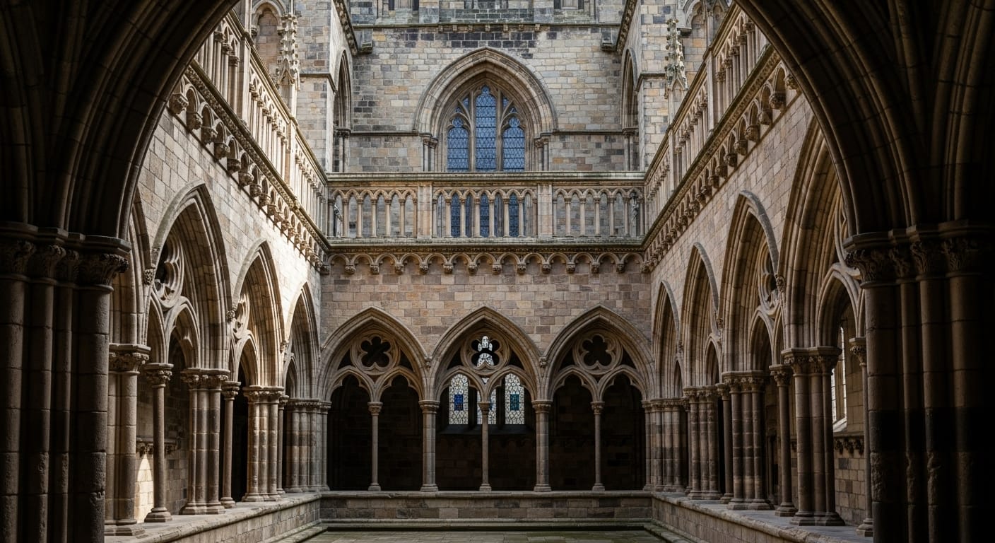 Photorealistic view of the historic Cloisters at Durham Cathedral, a famous Harry Potter filming location.