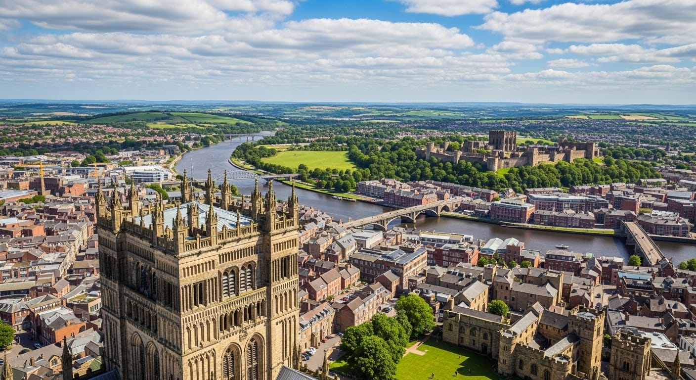 Expansive photorealistic panoramic view over Durham City and the River Wear from the top of Durham Cathedral Tower.