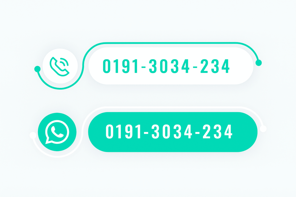 Contact 2 Durham City Cabs contact buttons with phone and WhatsApp icons showing taxi booking number 0191-3034-234 for local and airport taxi service in Durham.
