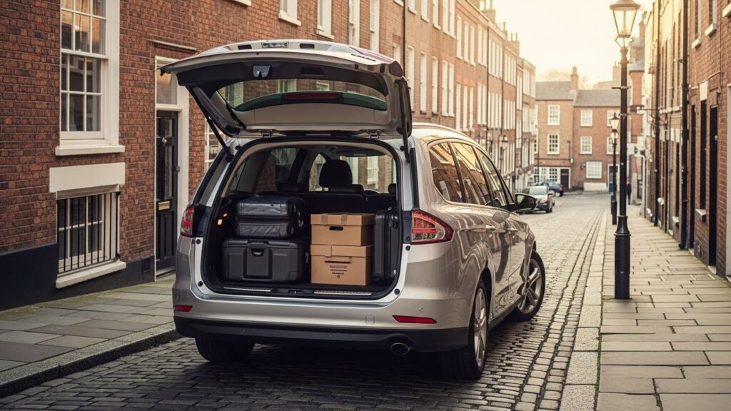 A spacious 6-seater MPV taxi loading luggage on a steep Durham street, suitable for student move-in days and airport transfers.