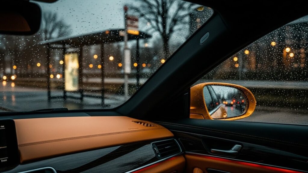 Durham Station to Cathedral: Bus vs. Taxi Guide 4 View from inside a warm, premium taxi looking out at a dark, rainy street in Durham, representing reliable night service.