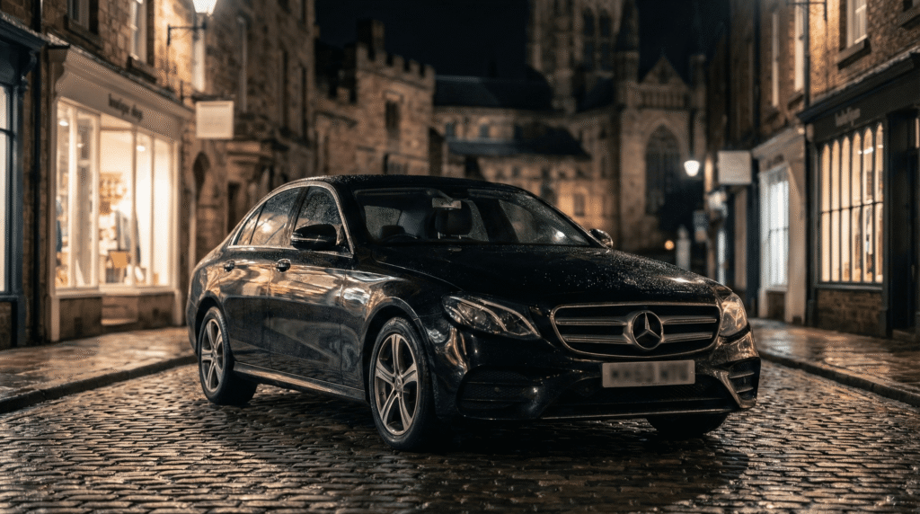 A black executive taxi dropping passengers off on the cobbled streets of Durham City Centre, avoiding the steep walk up Northgate.
