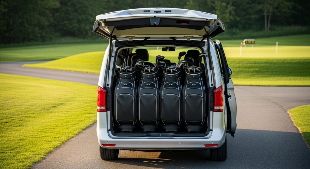 A spacious 8-seater minibus taxi with the boot open containing four sets of golf clubs near Ramside Hall Prince Bishops course.
