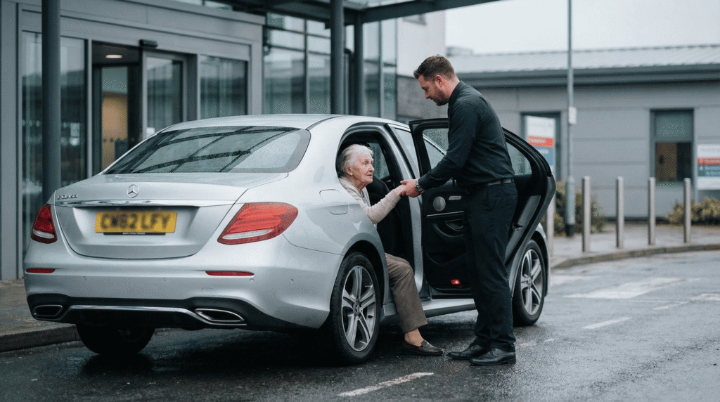A private hire driver physically supporting an elderly patient out of a silver car at the University Hospital of North Durham drop-off zone.