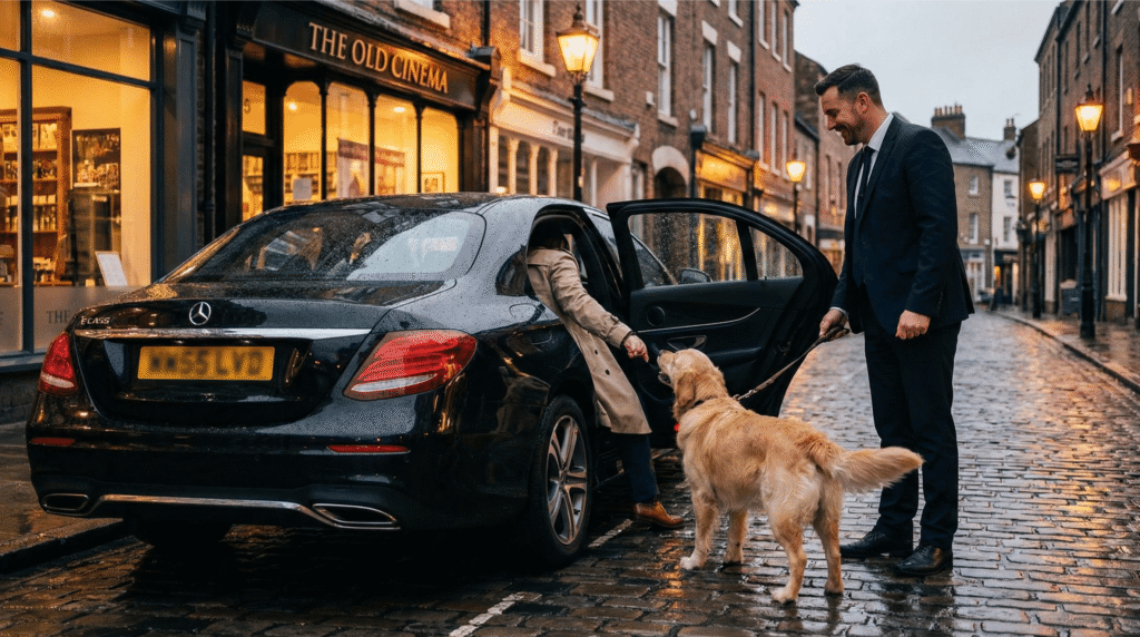 A friendly Durham City private hire driver holding a car door open for a passenger with a Golden Retriever, demonstrating the no-refusal policy.