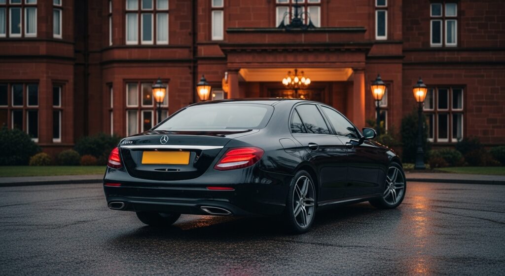 A luxury private hire executive car dropping off passengers directly at the Ramside Hall Hotel main reception entrance during rain.