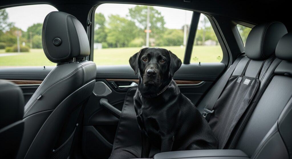 A black Labrador sitting safely on a protective seat cover inside a clean private hire taxi on the way to a Durham vet.